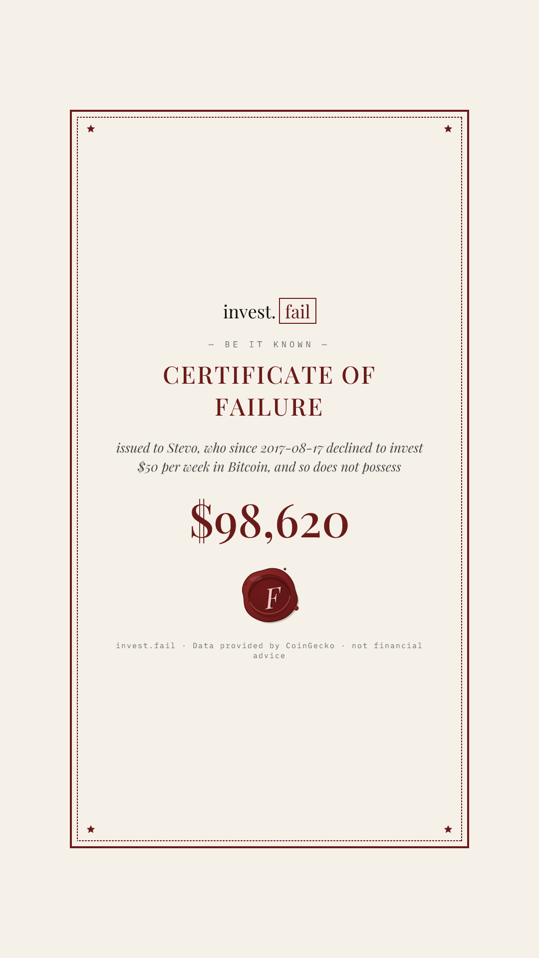Certificate of Failure as an Instagram story